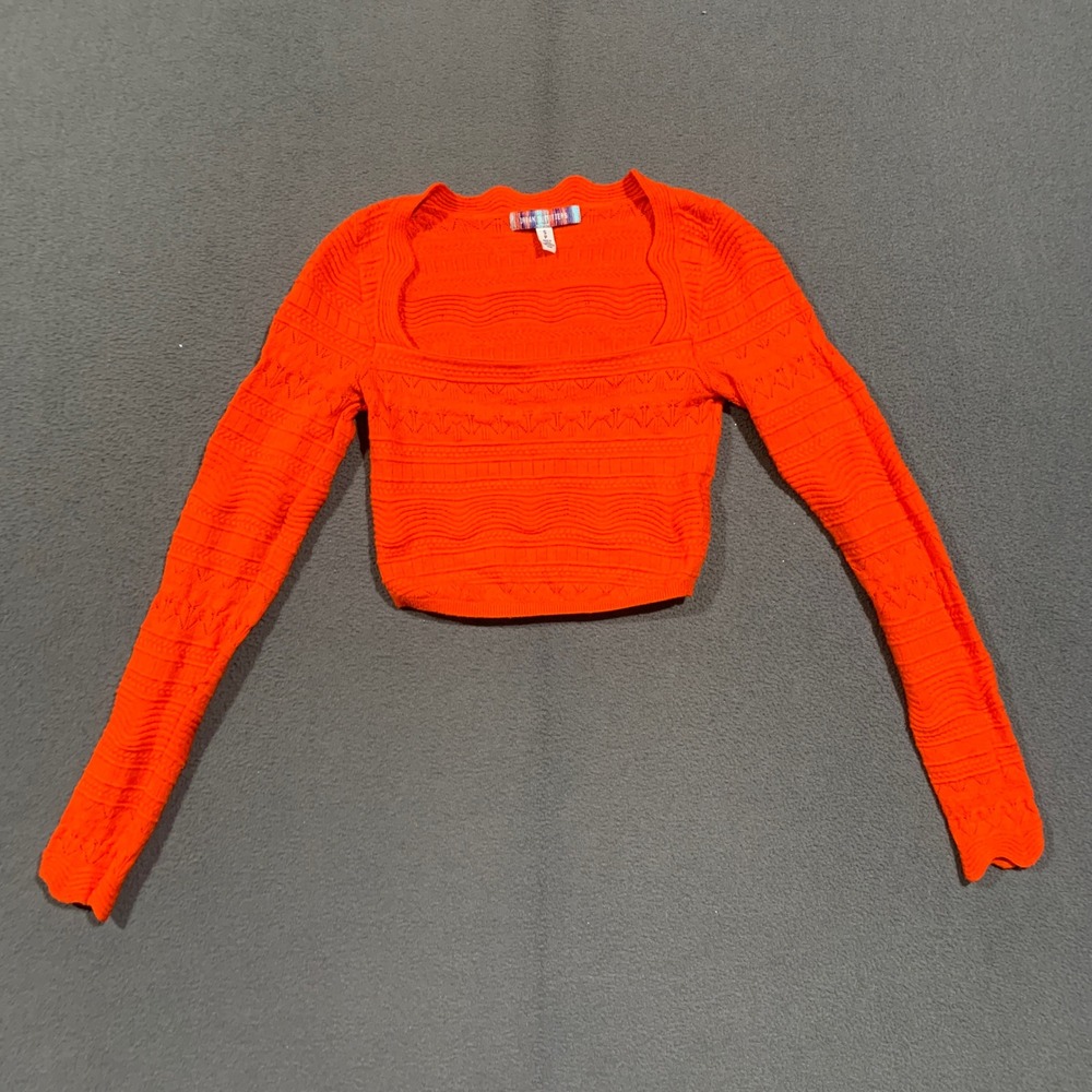 Urban Outfitters Sweater Womens Small Orange Cropped Square Neck Pointelle Boho